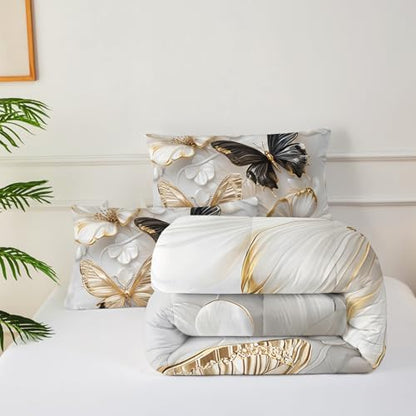 Luxury 3D Butterfly Comforter Set Twin Size for Teen Boys Girls,Black and Goldern Butterfly Bedding Set,White Floral Print Quilt Set for Adults Women Bedroom Decor