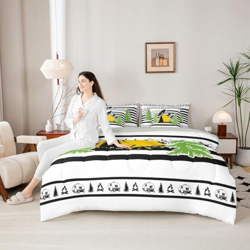 Erosebridal Happy Camping 7-Piece Bedding Set Full Size Rv Camper Boys Bed in A Bag Pine Tree Camping Car Comforter Set with Sheets for Kids Teens Men Bedroom Rustic Farmhouse Bed Sets, Black White
