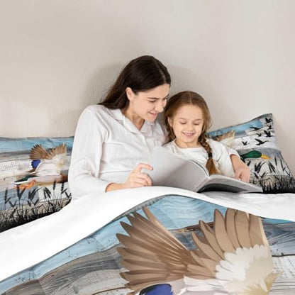 Cute Duck Comforter Set Queen Size Kids Nature Wild Animals Bedding Set 3Pcs Grey Blue Rustic Wooden Barn Quilt Set for Kids Girls Boys Adult Room Decor Men Hunting Duvet Insert,2 Pillowcases