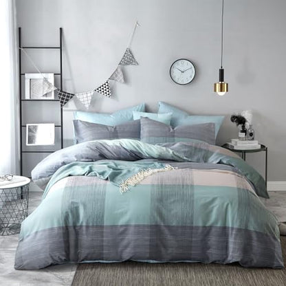 mixinni Simple Patchwork Print Comforter Set Full Size Bed Fluffy Blue Mint Green Geometric Pattern Comforter for Boys Women and Men, 1 Modern Comforter and 2 Pillowcases for All Season-Full Size
