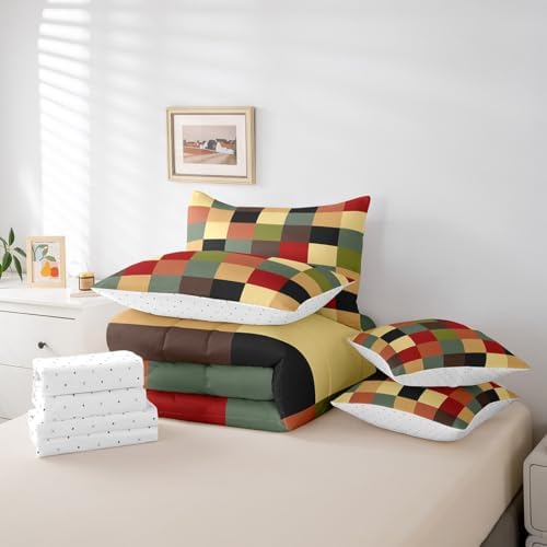 jejeloiu Classic Plaid Bedding Set 7Pcs King Size Kids Checkered Grid Comforter Set with Sheets for Boys Girls Buffalo Check Bed in a Bag Soft Lightweight,Microfiber