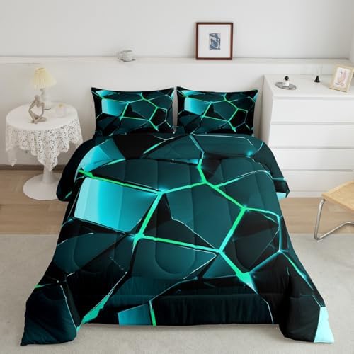 Feelyou Blue Green Hexagon Comforter Stereoscopic Honeycomb Comforter Set for Kids Beehive Bedding Set Geometric Honeycomb Duvet Simplistic Room Decor Quilt Queen Size Boys