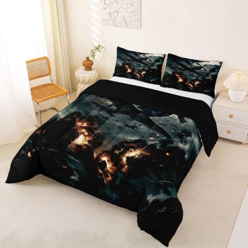 Erosebridal Vintage Fighter Airplane Bedding Set Full Military Aircraft Comforter Set for Kids Boys Girls Realistic 3D Print Cloud Flame Aviation Down Comforter Plane Quilt Duvet
