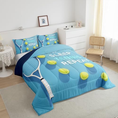 Castle Fairy Sports Tennis Bedding Set Full Size Tennis Racket Balls Comforter Set for Kids Teens Room Decor Fashion Sport Competition Duvet Insert SkyBlue Yellow Down Comforter Set,3Pcs