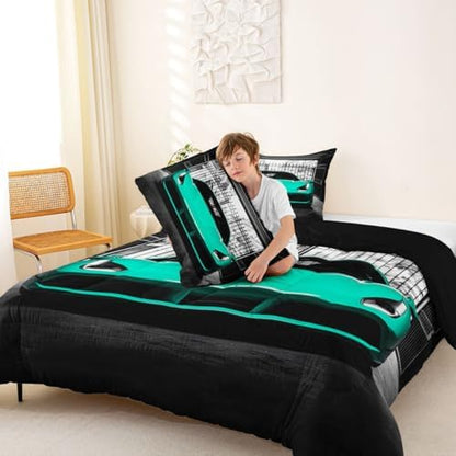 Feelyou Boys Teal Race Car Comforter Set King Size Teal Luxury Car Bedding Set for Kids Boys Girls Extreme Sports Duvet Quilt Fast and Furious Bedroom Decor 3 Pcs with 2 Pillow Cases