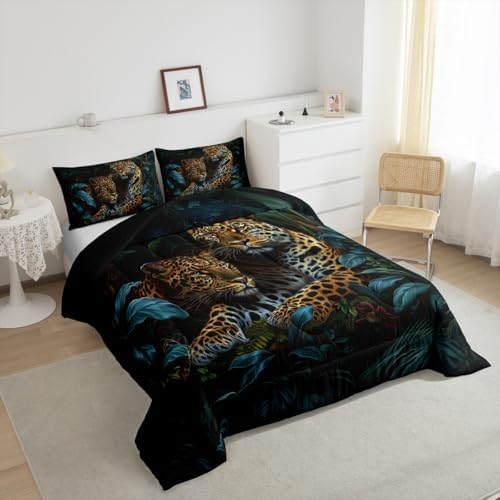 Jungle Cheetah Kids Comforter Set King Size,Palm Leaves Tropical Plant Botanical Bedding Set,Girls Boys Room Decor,Wildlife Leopard Animal Quilt Comforter,Brown Rustic Duvet Insert,2 Pillowcases