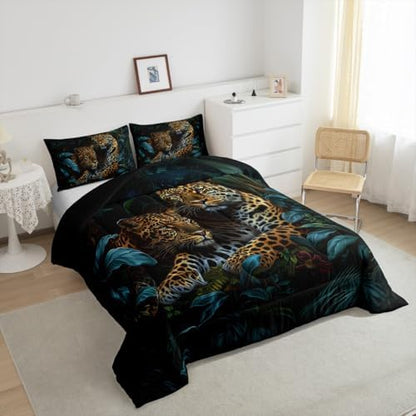 Jungle Cheetah Kids Comforter Set King Size,Palm Leaves Tropical Plant Botanical Bedding Set,Girls Boys Room Decor,Wildlife Leopard Animal Quilt Comforter,Brown Rustic Duvet Insert,2 Pillowcases