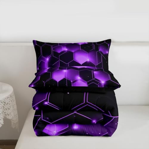 Feelyou Geometrics Honeycomb Comforter Set King Size, Purple Black Beehive Hexagon Comforter for Kids Toddler Geometrical Bedding Set Hexagonal Geometrical Duvet Set Durable Quilt Set King Size