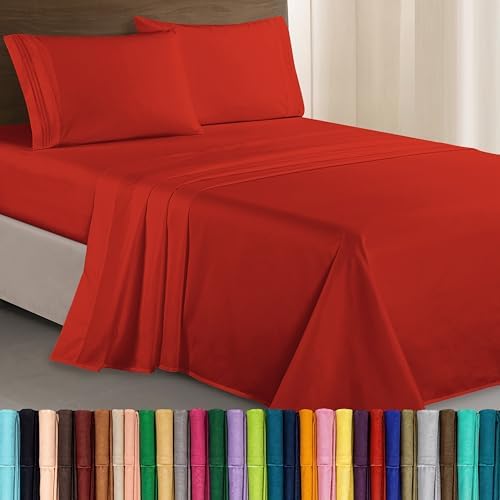 Elegant Comfort Luxurious 1500 Premium Hotel Quality Microfiber Three Line Embroidered Softest 4-Piece Bed Sheet Set, Wrinkle and Fade Resistant, Full, Rust