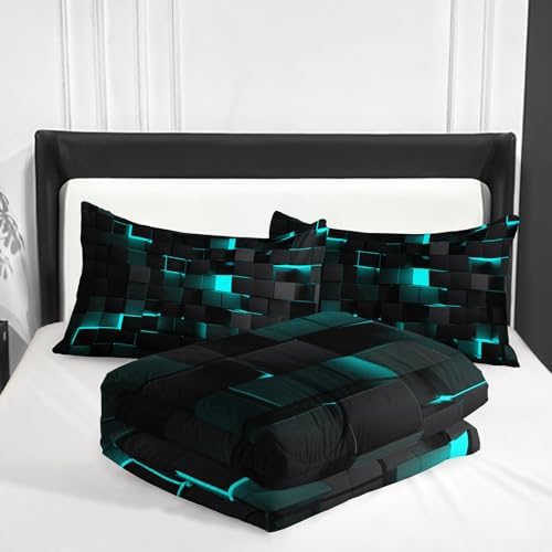 Nttopship Neon Turquoise Black Comforter Set Queen Geometric Kids Bedding Set,3 PCS Geometry Honeycomb Bed Set Modern Quilt Set 1 Comforter 2 Pillow Cases Cool Room Decor All Season B-Side Black