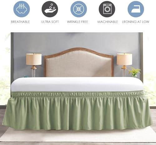 FreshCulture Queen Bed Skirt, Elastic Wrap Around Bed Skirt Queen Size, Bed Skirts for Adjustable Bed, Easy Fit with 22 Inch Drop Length, Hotel Quality Dust Ruffle for Queen Bed (Sage Green)
