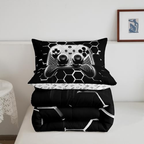 Manfei Videogames Reversible Comforter Set Twin Size, Geometric Honeycomb Gameapd Down Comforter with 1 Pillowcase, Modern Gamer Bedding Set 2pcs for Kids Boys Room Decor Gaming Duvet Insert