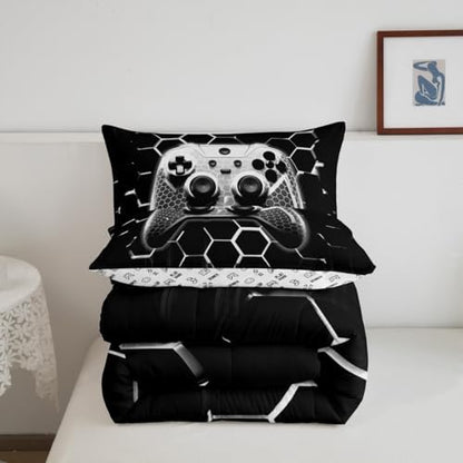 Manfei Videogames Reversible Comforter Set Twin Size, Geometric Honeycomb Gameapd Down Comforter with 1 Pillowcase, Modern Gamer Bedding Set 2pcs for Kids Boys Room Decor Gaming Duvet Insert
