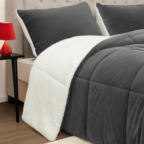 Fluffy Sherpa Cal King Comforter Set, Thick Bedding Set 3PC, Charcoal