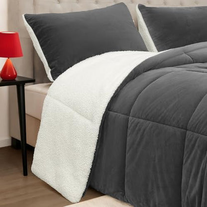 Fluffy Sherpa Cal King Comforter Set, Thick Bedding Set 3PC, Charcoal