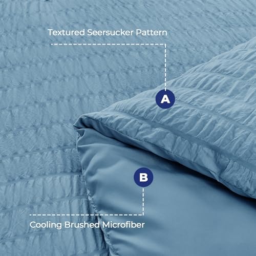 HYMOKEGE Mineral Blue Oversized King Comforter Set Seersucker 7 Pieces, All Season Luxury Bed in a Bag for Bedroom, Bedding Set with Comforter, Sheets, Pillowcases & Shams