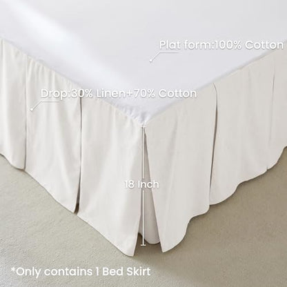 BISELINA French Linen Pleated Bed Skirt, 18" Tailored Draped Natural Linen-Cotton Blend Basic Dust Border Soft Comfort Farmhouse Bedding (18" Queen, White)