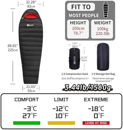 0 Degree Down Sleeping Bag for Adults,Cold Weather Backpacking