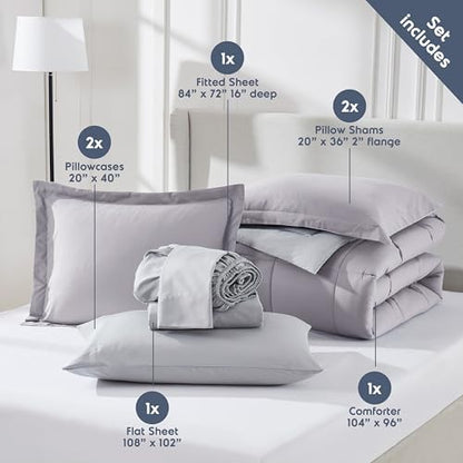 Nestl 9 Piece California King Comforter Set – Grey Lavender Reversible Bed in a Bag – Complete Cal King Size Bedding Set with Sheets, Set of 2 Cooling Pillows, Pillowcases and Shams