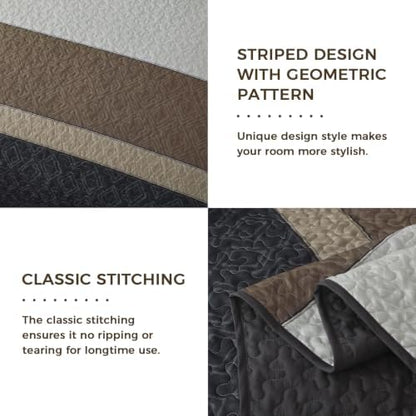 Cottolester Quilts Queen Size,Grey Brown Striped Bedspread Coverlet Set