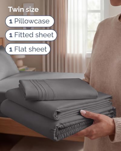 Twin Size 3 Piece Sheet Set - Comfy Breathable & Cooling Sheets - Dark Grey