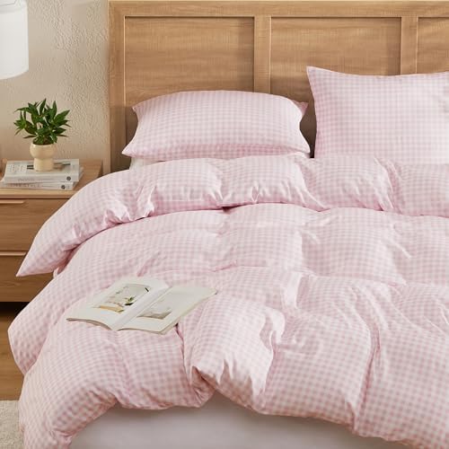 Andency Pink Gingham Duvet Cover King, Blush Checkered Plaid Bedding Set