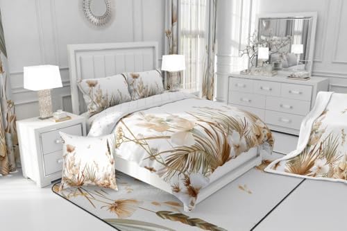 jejeloiu Brown Floral Leaves Comforter Set King Size Kids Boho Bedding Set for Boys Girls Teens Bohemian Duvet Breathable Spring Wildflower Quilt Bedroom Decor,1 Comforter with 2 Pillowcase