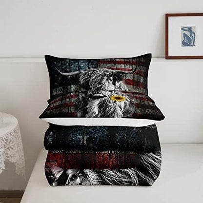 Feelyou Highland Cattle Bedding Set Sunflower Highland Cow Comforter Set for Kids Boys Girls America Flag Bull Comforter Animal Quilt Set 1 Comforter Set with 2 Pillowcases Full Size