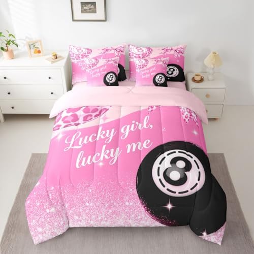Erosebridal Pink Leopard Bow Girls Full Bedding Set 7 Piece Preppy Fashion Y2K Comforter Set Cheetah Print Lucky 8 Ball Bed in A Bag with Sheets for Kids Teen Adults,Girly Coquette Y2K Bed Set