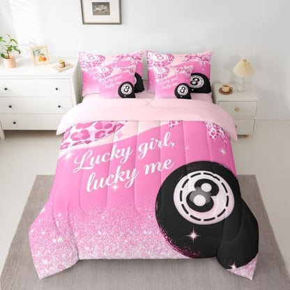 Erosebridal Pink Leopard Bow Girls Full Bedding Set 7 Piece Preppy Fashion Y2K Comforter Set Cheetah Print Lucky 8 Ball Bed in A Bag with Sheets for Kids Teen Adults,Girly Coquette Y2K Bed Set