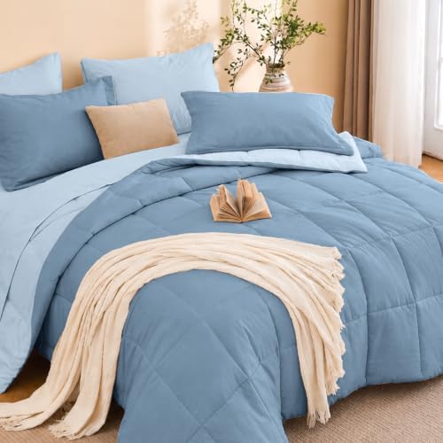 Queen Comforter Set with Sheets - 7 Pieces Bed in a Bag Blue Bedding Sets