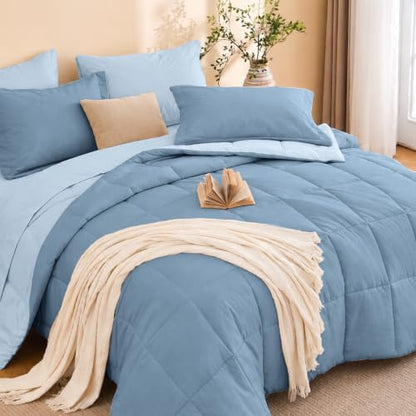 Full Comforter Set with Sheets - 7 Pieces Bed in a Bag Blue Bedding Sets