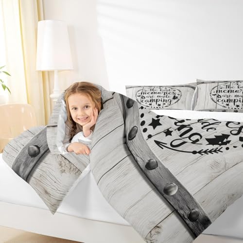 Camping Adventure Comforter Set Queen Size,Camper RV Trailer Decor Bedding Set 3pcs for Kids Boys Girls Adults,Retro Wooden Plank Cottage Down Comforter,Rustic Farmhouse Duvet Insert,2 Pillowcases