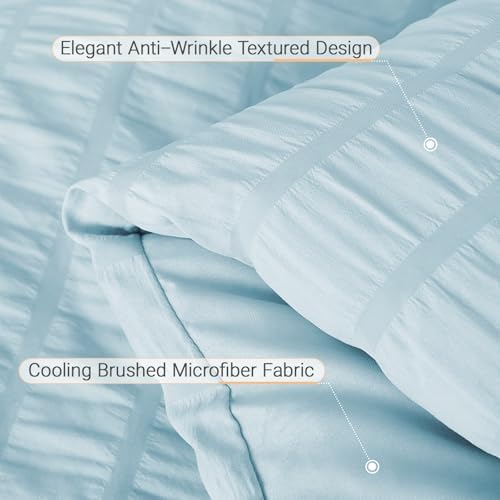 MUXHOMO 7 Pieces Oversized Queen Comforter Set, Seersucker Bed in a Bag Oversized Queen Size, All Season Luxury Bedding Set with Comforter, Flat Sheet, Fitted Sheet, Pillowcases & Shams, Lake Blue