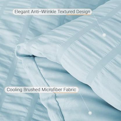 MUXHOMO 7 Pieces Oversized Queen Comforter Set, Seersucker Bed in a Bag Oversized Queen Size, All Season Luxury Bedding Set with Comforter, Flat Sheet, Fitted Sheet, Pillowcases & Shams, Lake Blue