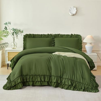 ANGIYUIN Twin Comforter Set - 5 Pieces Olive Green Ruffled Bedding Sets