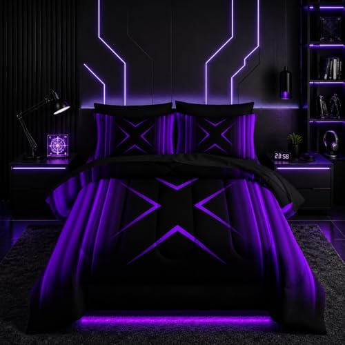 Nttopship Purple and Black Geometric Comforter Set Queen Size 7Pieces,3D Abstract Mordern Printed Bedding Set for Adults,Geometric Mordern Decor All Seasons with Pillowcases,Flat, Fitted Sheet