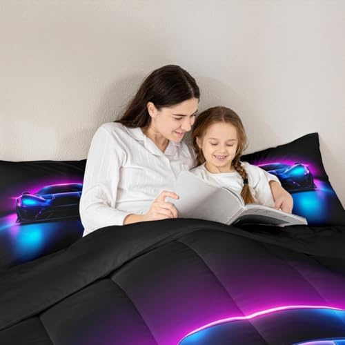 Erosebridal Boys Race Car King Size Bedding Set Kids Racing Car Comforter Extreme Sport Gaming Comforter Set for Boys Cool Car Room Decor Car Sports Quilt Set with 2 Pillowcases,Purple Blue and Black