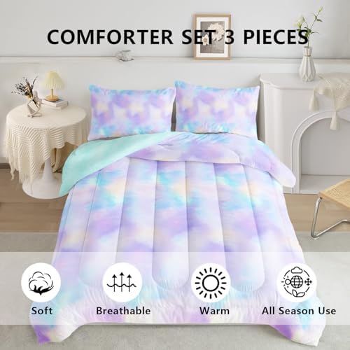 Axolotl Tie Dye Bedding Set King,Pink Blue Purple Cloud Comforter Set,Colorful Gradient Bedding,Tie Dye Pastel Comforter for Adults,Rainbow Gradient Clouds Bed for Women,1 Quilt 2 Pillowcases