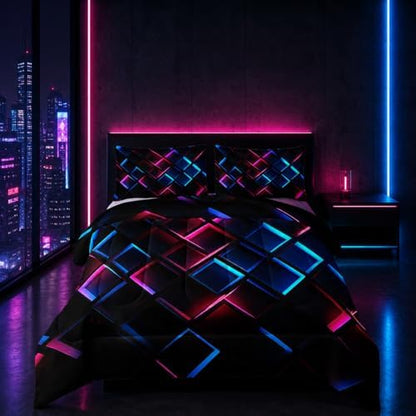 Nttopship Blue Black Geometric Comforter Set Queen Size 3D Stereoscopic Square Bedding Set Honeycomb Bedding Set 3 Piece Modern Style Geometry Decor,Microfiber LightweightWith 2 Pillowcases
