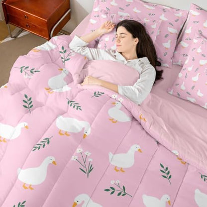 Erosebridal Cute Silly Goose Queen Bedding Set Girls Cartoon Ducks Comforter Set with Flat and Fitted Sheet for Kids Teens Funny Animals 7-Piece Bed in a Bag Pink Farmhouse Floral Quilt Sets