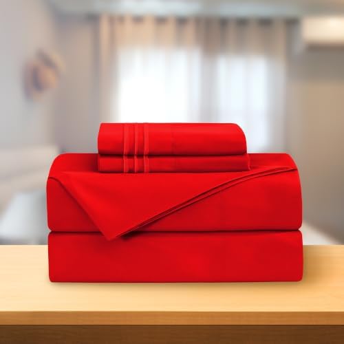 Elegant Comfort Luxury 4-Piece Bed Sheet Set - Luxury Bedding 1500 Premium Hotel Quality Microfiber, Wrinkle Resistant Cool & Breathable, Easy Elastic Fitted, Queen, Red