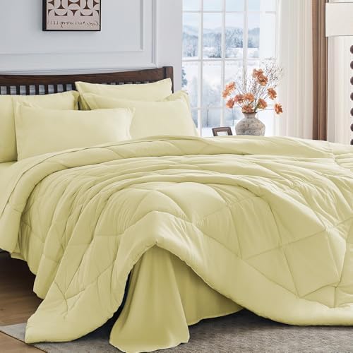 HEVUMYI 7-Piece California King Comforter Set, Cream Yellow Bed in a Bag