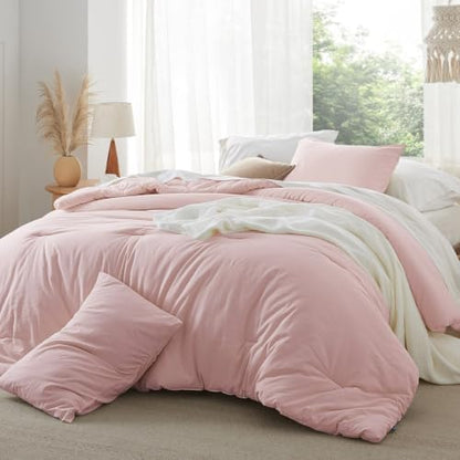 Bedsure PureWoven Cotton Comforter Set Prewashed, Queen, Light Pink