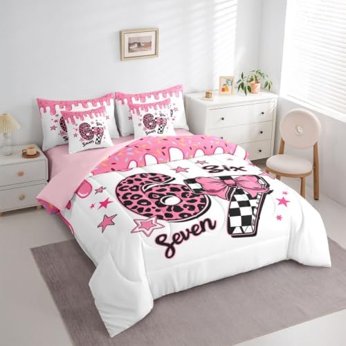 Erosebridal Cartoon 67 Bow Comforter Set Twin Size for Girls Leopard Print Plaid Number 7 Piece Bedding Set Girly Six Seven Cute Star Print Bed in A Bag Pink Ice Cream Drip Bed Set