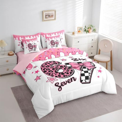 Erosebridal Cartoon 67 Bow Comforter Set Twin Size for Girls Leopard Print Plaid Number 7 Piece Bedding Set Girly Six Seven Cute Star Print Bed in A Bag Pink Ice Cream Drip Bed Set