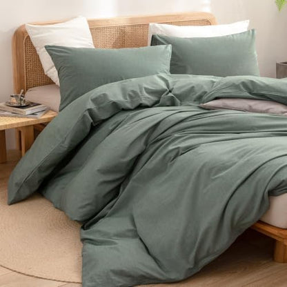 BESTOUCH Cotton Solid Duvet Cover Set Linen Feel Green Alaska King