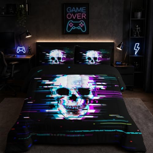 Nttopship Black Skull Comforter Set Queen Size,100% Soft Ultra-fine Fiber Four Season Science Fiction Comforter Set with 1 Comforter and 2 Pillow Case
