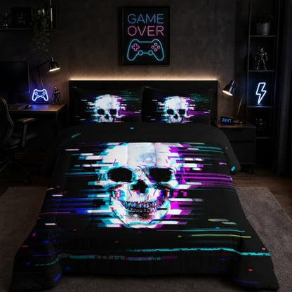 Nttopship Black Skull Comforter Set Queen Size,100% Soft Ultra-fine Fiber Four Season Science Fiction Comforter Set with 1 Comforter and 2 Pillow Case