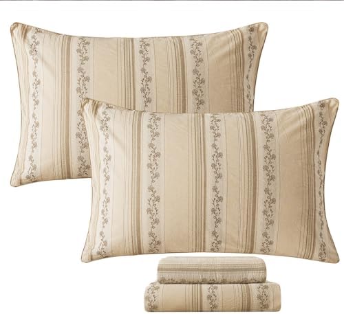 FADFAY 100% Cotton California King Bed Sheet Set 4-Piece, Woven Jacquard Floral, Soft & Breathable, Mud Gold, Deep Pocket Fitted Sheet, Envelope Pillowcase, Luxury Farmhouse & Cottagecore Bedding